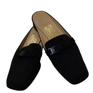 Salvatore Ferragamo Black Canvas Square Toe Mule Loafers Size 5.5 Preppy Italy